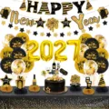 New Year 2027 party decoration set with gold foil balloons, banners and balloons for celebration. - Black Gold 2027 Number Honeycomb Ball Ornament Letter Banner Set