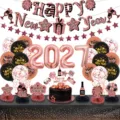 New Year party decoration set with Happy New Year banner balloons 2027 foil balloons. - Black Rose Gold New Year 2027 Number Banner Balloon Set