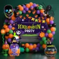 Halloween balloon arch kit with spooky foil balloons and backdrop for party decoration. - Colorful Backdrop Balloon Kit