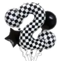 Palloncino Numero 2 Nero e Bianco A Quadri 40 Pollici Decorazione Festa Compleanno Gara - Set da 5 Pezzi da Corsa Nero e Bianco 2