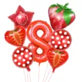 Birthday party balloon set featuring red number eight and cute strawberry foil balloons. - Strawberry Fruit Number Set 8