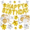Birthday party balloon set with gold letter foil balloons, star balloons and confetti latex balloons. - Gold Silver Birthday Set