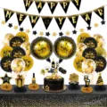 Kit decorazione palloncini festa di Capodanno palloncini in alluminio nero oro - Set di Palloncini Ornamento Palla Nido d'Ape Striscione Rotondo Triangolo Nero Oro