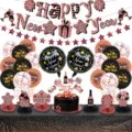 Set di decorazioni per feste di Capodanno con striscione palloncini e topper torta. - Set di Palloncini Striscione Ornamento Palla Nido d'Ape Alluminio Rotondo Nero Oro Rosa
