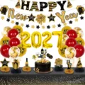 2027 New Year party balloon decoration set with foil numbers, banners and latex balloons. - Black Red Gold New Year 2027 Number Banner Honeycomb Ball Ornament Balloon Set