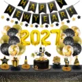 2027 New Year Party Balloon Set Black Gold Letter Banner Foil Numbers Balloons Decor - Black Gold 2027 Number Fishtail Banner Honeycomb Ball Ornament Balloon Set