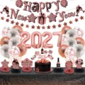 2027 New Year Party Decoration Set with Foil Balloons Banners Cake Toppers Rose Gold - Rose Gold 2027 Number Banner Balloon Set