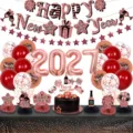 2027 New Year party decoration set with balloons, banner, and cake toppers for holiday events. - Rose Gold Red 2027 Number Banner Honeycomb Ball Ornament Balloon Set