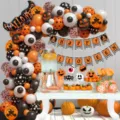 Halloween party balloon decoration set with latex balloons, foil banners and festive table props. - Halloween Pumpkin Banner Set