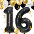 palloncino foil numero 16 nero 40 pollici con palloncini coriandoli oro per festa di compleanno - Numero 16 Set