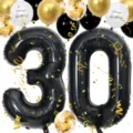 Large 40 inch black number 30 foil balloon set with gold confetti and birthday balloons party. - Number 30 Set