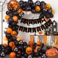 Halloween balloon arch kit with orange black balloons banner for spooky party decor. - Halloween Black Orange Swallowtail Banner Set