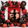 Halloween party decoration balloon arch kit with backdrop and spooky skeleton props for events. - Halloween Black Red Reaper Backdrop Balloon Set