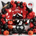 Halloween party decoration balloon set with arch backdrop and pumpkin props for holiday events. - Halloween Black Red Witch Castle Backdrop Balloon Set
