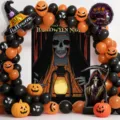 Halloween party balloon arch kit with spooky pumpkin skeleton foil balloons for holiday decor. - Halloween Black Orange Reaper Backdrop Balloon Set