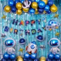 Set di palloncini compleanno spazio con astronauta razzo alluminio e sfondo festa blu oro. - Set Banner Lettere Compleanno Astronauta
