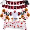 Halloween feestdecoratie set met enge banner, griezelige ballonnen en tafelkleed. - Halloween Zwart en Rood Vissenstaart Vlaggenlijn Set 3