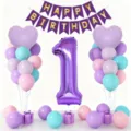 Set decorazione festa 1 compleanno con palloncino foil numero, banner e palloncini. - Set di Palloncini di Compleanno Digitale 1 Anno / Viola