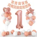 1st birthday party decoration balloon set with rose gold happy birthday banner and number 1 balloon. - 1-Year-Old Digital Birthday Balloon Set 2 / Rose Gold