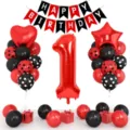 1st birthday party decoration set with number 1 foil balloon, latex balloons and happy birthday banner. - 1-Year-Old Digital Birthday Balloon Set / Black Red