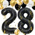 40 inch black number 28 balloons set with gold confetti balloons for birthday party decor - Number 28 Set