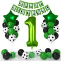 1st birthday party decoration set with green number balloon, star balloons, and soccer latex balloons. - 1-Year-Old Digital Birthday Balloon Set / Green and Black