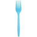 Light blue disposable plastic cake fork with grid handle for parties and celebrations. - Fork / Blue