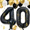 40th birthday party decoration black number balloons set with gold confetti balloons and ribbons - Number 40 Set