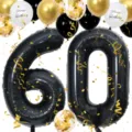 40 inch black number 60 foil balloon set with gold and black confetti latex balloons for birthday party. - Number 60 Set