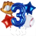Set palloncini alluminio baseball per compleanno sportivo, numero 3 e stelle. - Set di 5 Palloncini Sportivi 3