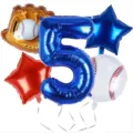 Baseball birthday foil balloon set featuring blue number 5, glove, and star balloons. - Sports Balloon 5-Piece Set 5