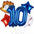 10th Birthday Baseball Foil Balloon Set, Blue Number 10 and Sports Party Decorations - Sports Balloon 5-Piece Set 10