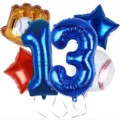 13th birthday baseball theme foil balloon set, blue number and sports glove balloons. - Sports Balloon 5-Piece Set 13