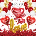 Valentine's Day balloon set with heart foil balloons, red white latex balloons and gold LOVE decor. - Valentine's Day Gold Connected LOVE Set 4