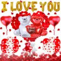 Valentine Day balloon set with foil letters, hugging bear and heart balloons for party decor. - Valentine's Day Hugging Bear Set 5