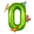 Detailed view of the 40-inch green number zero dinosaur foil balloon for birthday party decor. - Dinosaur Green Number 0 Set