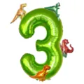 Detailed view of 40-inch green number 3 foil balloon with cute dinosaur designs for party decor. - Dinosaur Green Number 3 Set