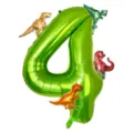 Detailed view of the 40-inch green number 4 dinosaur foil balloon for party decoration. - Dinosaur Green Number 4 Set