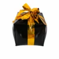 Palloncino in alluminio scatola regalo nera con nastro dorato per feste di Natale. - Scatola Regalo Nera con Nastro Dorato