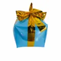 Blue six-sided gift box foil balloon with shiny gold ribbon for Christmas party decor. - Blue Gift Box with Gold Ribbon