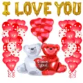 Valentine's Day balloon set with love bears, gold I LOVE YOU letters, red white hearts for party - Valentine's Hug Bear Kit