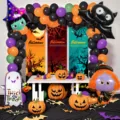 Halloween party decoration set with balloon arch backdrop banners and pumpkins for spooky events. - Halloween Witch Bat Bunting Set