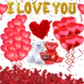 Valentine's Day hugging bear foil balloon set with red heart balloons and rose petals. - Valentine Hugging Bear Rose Set 2