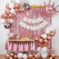 Set di decorazioni per palloncini di festa di compleanno con sfondo in lamina rosa - Catena di palloncini rosa