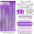Purple party decoration set with fringe curtain, birthday balloons, star and heart foil balloons. - Purple Birthday Balloon Set