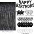 Black birthday party decoration set including foil fringe curtain letter and latex balloons - Black Birthday Balloon Set