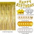 Gold foil fringe curtain and birthday party balloon set with latex and foil balloons. - Gold Birthday Balloon Set
