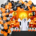 Halloween feest ballon decoratie set met zwart-oranje ballonnen, spook achtergrond en toppers. - Zwart en Oranje Achtergrond Zwarte Honingraat Set