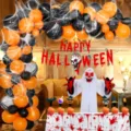 Halloween feestdecoratie set met ballonboog, skelet banner enge rekwisieten erbij. - Rode Schedel Vlaggenlijn Bloedige Handafdruk Tafelkleed Set