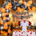 Halloween feest decoratie ballon boog set met skelet banner en griezelige tafelkleed opstelling. - Bloedige Schedel Vlaggenlijn Bloedige Handafdruk Tafelkleed Set